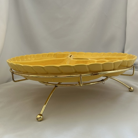 MCM 1950s MIRAMAR OF CALIFORNIA POTTERY Lazy Susan Relish Tray Brass Stand - Picture 2 of 6